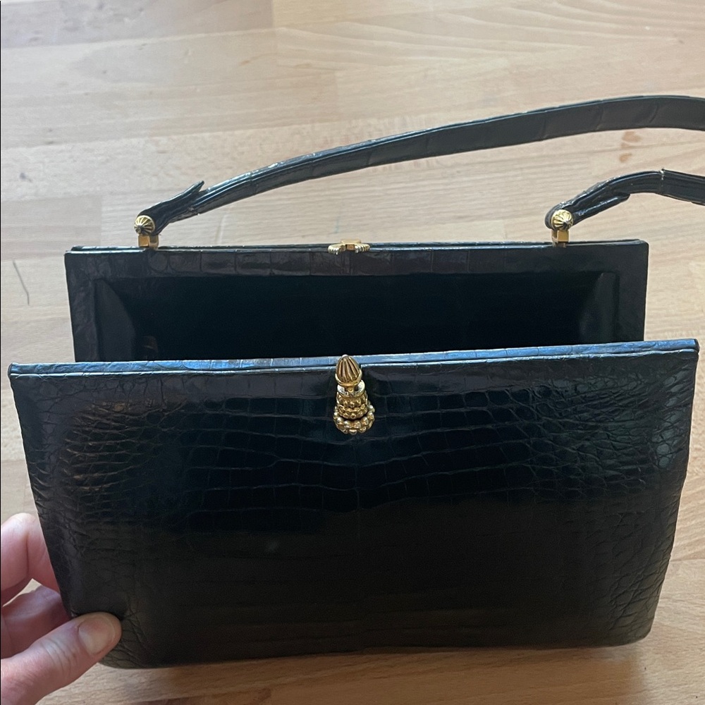 Vintage PISK Buenos Aires Crocodile Handbag | Black Exotic Skin | Top Handle - Picture 3 of 5